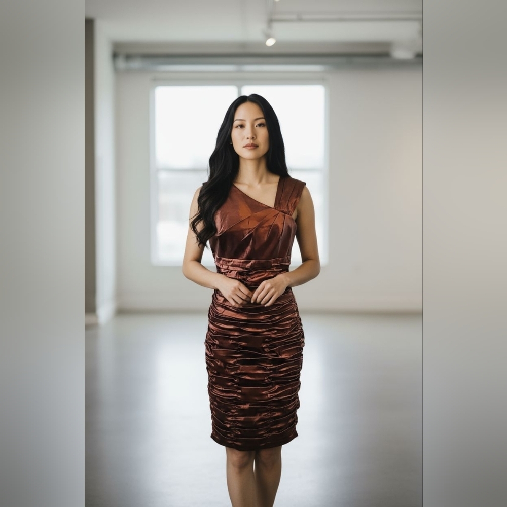 Calvin Klein copper metallic rouched cocktail special occasion dress sz 10